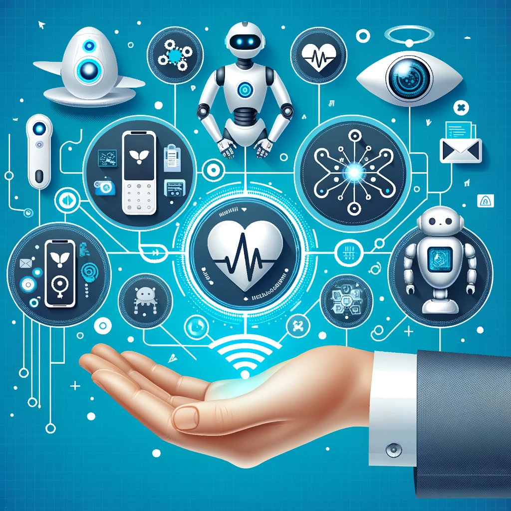 Vector image of futuristic healthcare elements like wearable health devices, AI robots, and secure digital platforms. These elements should be hoverin