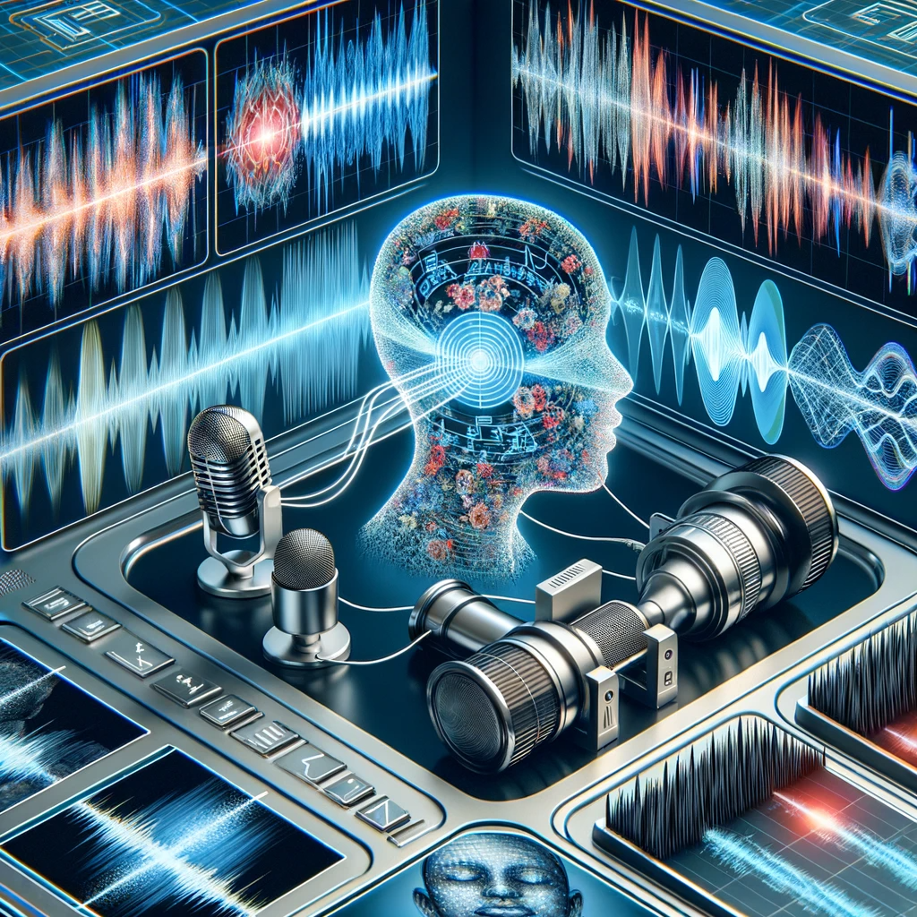 DALL·E 2023-10-25 06.45.29 - Photo illustration of a detailed mechanism of vocal biomarker technology. It shows voice waves being captured, processed through an advanced computer