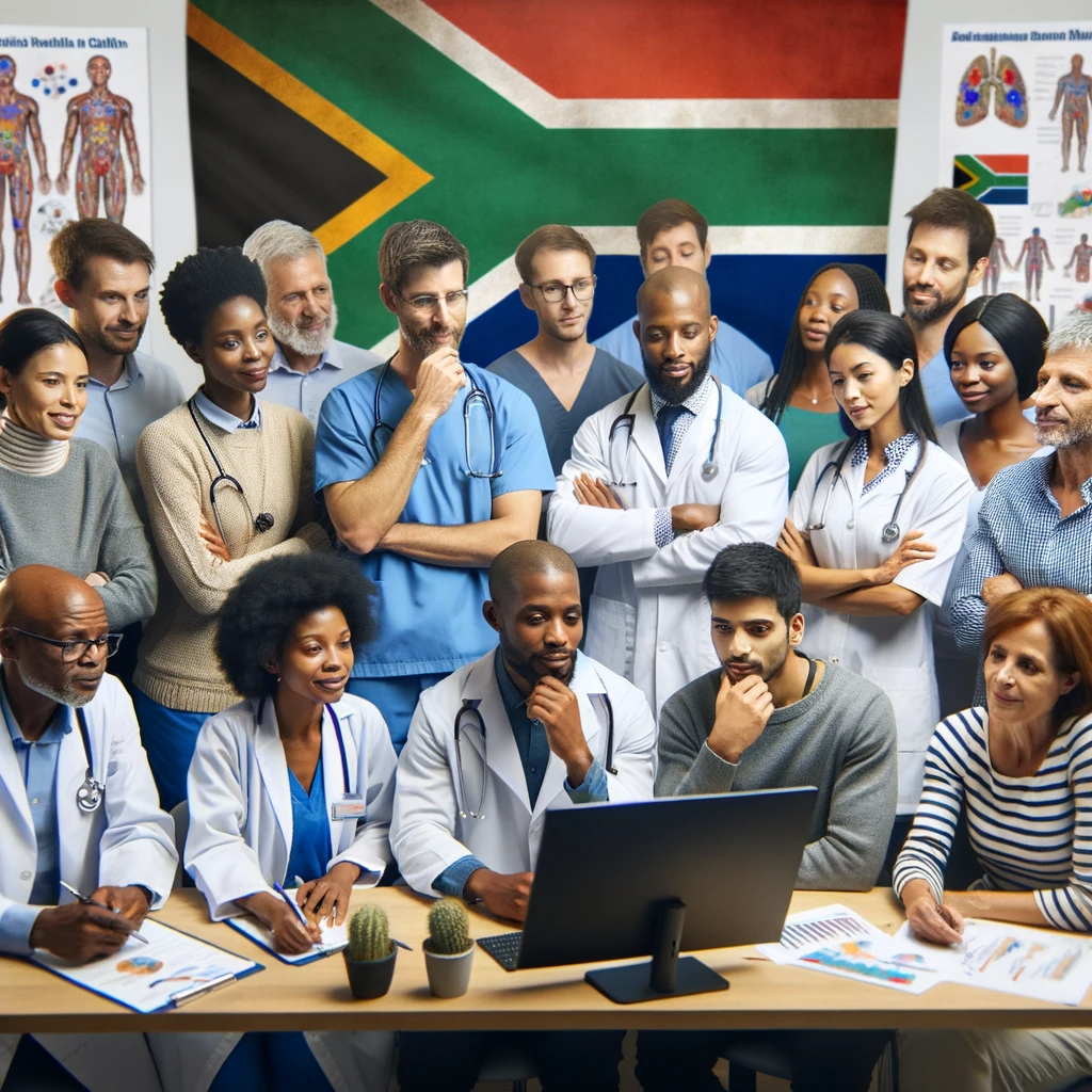 DALL·E 2023-10-26 08.39.46 - Photo of a group of diverse South African healthcare professionals, including men and women of various ethnic backgrounds, gathered around a large scr